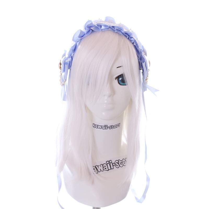 C-04-4 Light Blue Maid Lolita Headband with Bow Pearl Necklace