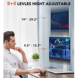 Dual Monitor Stand - Vertical Stack Screen Free-Standing Monitor Riser Fits Two 13 to 34 Inch Screen with Swivel, Tilt, Height Adjustable, Holds One (1) Screen up to 44Lbs HT05W-002 White