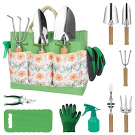 LeMotech Gardening Tools, 10-Piece Heavy Duty Garden Hand Tools Set with Wooden Handle, Durable Fashion Organizer Bag for Garden Supplies, Gardening Gifts for Women Grandmother, Yellow Floral Pattern