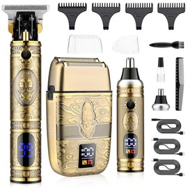 AMULISS Professional Hair Trimmer Hair Clippers for Men, Nose Hair Trimmer Men's Shaver Set,Cordless T-Blade Beard Trimmer Mens Barber Clippers,Electric Foil Shavers Razor for Men Haircutting Kit LCD Display - Color: Bronze