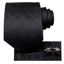 Hi-Tie Men's Solid Colour Tie Handkerchief Wedding Party Classic Tie & Pocket Square Set Multiple, Black plaid