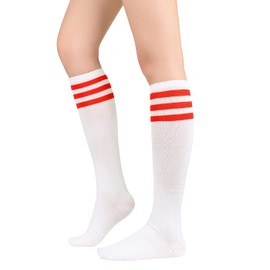 Zando Outdoor Athletic Socks for Women Soft Knee High Socks Tall Athletic Socks Stripes Tube Socks Extra Long Knee Socks Outdoor Boot Socks Elastic Knee High Stockings White Red One Size