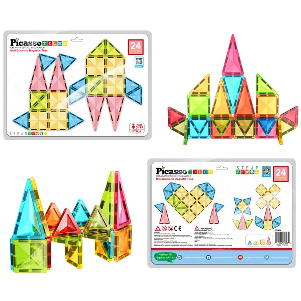 PicassoTiles 24pc Magnet Tile Building Blocks Mini Diamond Series Magnetized Toy Travel Size Compact Portable Magnetic Construction Block STEM Sensory Toy Early Education Learning Kids Ages 3+ PTM24