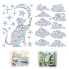 28 Pieces Rainbow Cloud Window Clings, Cat Starry Sky and Clouds Rainbow Window Film, Bird Windows Strike Prevention for Home Decor Glass Suncatcher Sticker, No Glue Required (Cat Stars and Clouds)