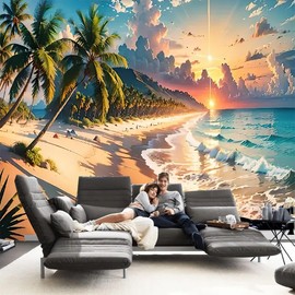 FENDROM Ocean Beach Tapestry Wall Hanging Tropic Paradise Coconut Palm Tree Hawaiian Sea Wave Cool Seaside Sunset Waves Nature Decor For Dorm Bedroom Living Room