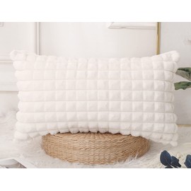 PANOD Faux Fur Decorative Long Lumbar Throw Pillow Covers 12 x 24,3D Plaid Pattern Plush Long Boho Rectangle Pillow Covers Pillow Case Cushion Case for Bed Sofa Bedroom Livingroom,White