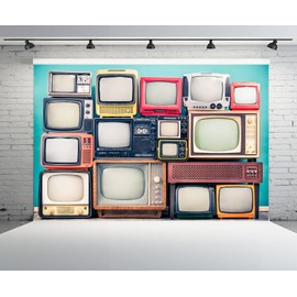 CHNYWORK 7ftx5ft Retro TV Backdrop Wooden Television Stand with TV Receivers Set from Circa 60s, 70s and 80s Mint Blue Wall Background for Retro Party Decor Nostalgic Photoshoot Props Wallpaper