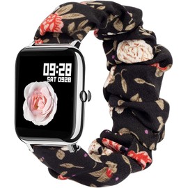 Compatible for Popglory P22 Band, Giaogor Fabric Elastic Scrunchie Elastic Women Cute Replacement Straps Compatible for Popglory P22 / Donerton Smartwatch / iTouch Air 3 / IOWODO R3Pro Smartwatch (Black Flower)