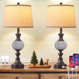 Set of 2 Farmhouse Table Lamps for Living Room - 28" Rustic Nightstand Lamps with USB A+C Charging Ports and Crystal Ball Accent, Industrial Bedside Lamps for Bedroom, Entryway (2 Bulbs Included)