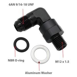 High Flow Radius 90 Degree Aluminum 6AN Male Flare to M12x1.5 Metric Swivel Fitting Adapter, Black