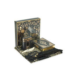 ihvan online Prayer Gift Set for Hajj and Umrah, Muslim Prayer Rug, Prayer Mat, Beads Taasbih, Holy Quran Translated French, Muslim Praying Mat, Islamic Gift Set for Ramadan & Eid, Black