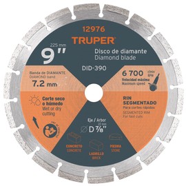 Truper DID-390, Disco de diamante de 9" x 2.7 mm, rin segmentado