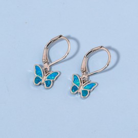 Lasidor Dainty Leverback Blue Opal Hoop Earrings White Gold Plated Butterfly Dangle Earrings Cute Huggie Hoops Jewelry Christmas Gifts