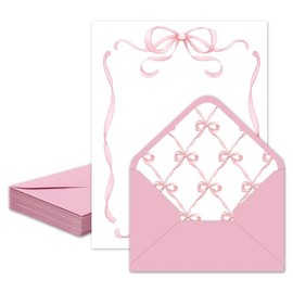 Whaline Juego de 60 papeles de papelería con lazo rosa, lindo nudo de lazo, papel de escritura con sobres para tarjetas de felicitación, invitación, i