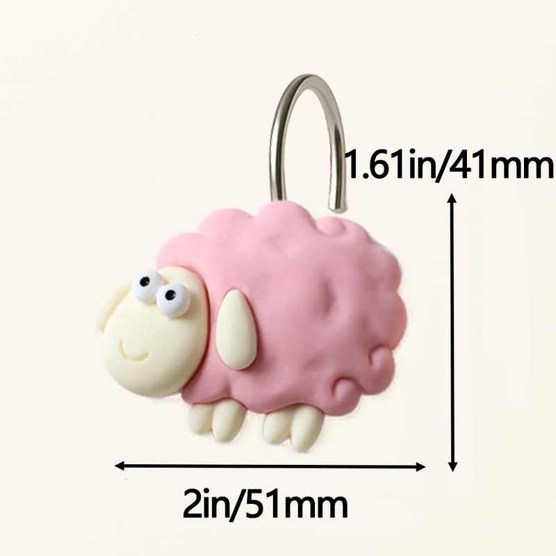 Pink Sheep Resin Shower Curtain Hooks 12 Pack Cute Animal