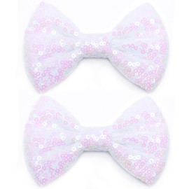 KISZU 4 Inch Sequin Glitter Hair Bows Clips, Sparkling Bling Little Bow HairPins Hair Accessories for Baby Girls Kids Children Teens and Women (White)