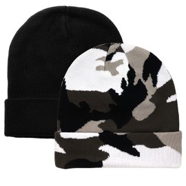 Falari Men Women Knitted Beanie Hat Ski Cap Plain Solid Color (2pcs Black & Gray Camo)