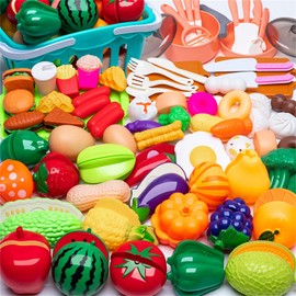 RATAKOLY Alimentos de Juguete para Niño, Juguete Cortar Frutas, Comida de Juguete de Juego Cocina con Mini Platos y Cuchillo, Juguete de Corte Cocina con Cesta para 3+ (75PCS)