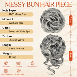 RONTAYA 2PCS Messy Bun Hair Piece Wavy Curly Hair Bun Scrunchies Extensions Elastic Synthetic Chignon Hairpieces for Women Girls Gray and White Tips