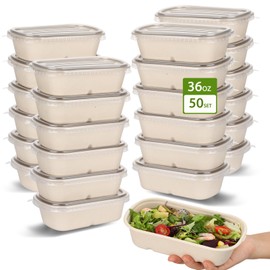 50 Pack 36 Oz Rectangle Paper Bowls with Lids for Taco Salad, Burrito, Nacho, Pasta, Compostable Paper Meal Prep Container Disposable, Large Deep Take Out Food Container for Party (50 bowls with lids)