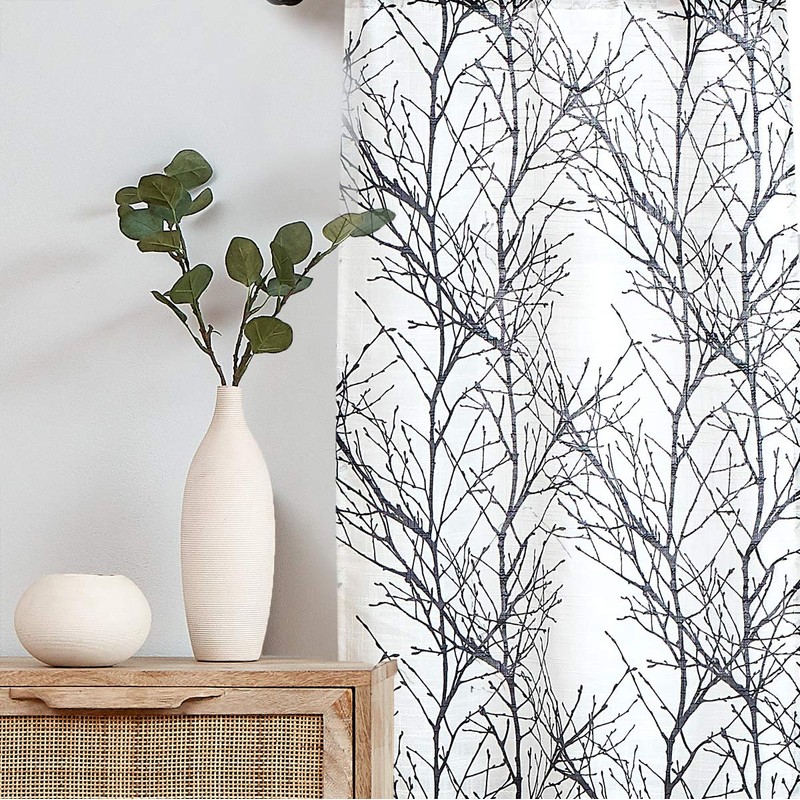 FMFUNCTEX Black Linen Kitchen Curtains, Branch Pattern Tier Window Curtains