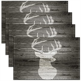 jejeloiu Deer Placemats Set of 4, Deer Hunting Antlers Placemats 18x12 inch, Western Wildlife Animal Washable & Durable Table Placemats, Wooden Stripes Indoor/Outdoor Use Table Mats