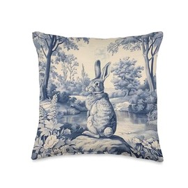Toile De Jouy Rabbit Bunny Vintage Inspired Blue And White Throw Pillow