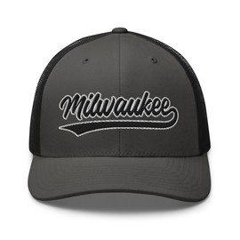 Vintage Milwaukee Baseball Script Mesh Retro Milwaukee Trucker Hat Cap Charcoal/Black