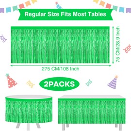 Morcheiong 2 Pack 29.5x108 Inch Green Foil Fringe Tinsel Table Skirts Disposable Table Skirt Banner for Rectangle Tables Tinsel Backdrop Curtain Party Supplies Wedding Parade Floats Decorations