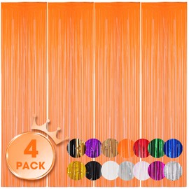 Voircoloria 4 Pack Orange Foil Fringe Backdrop Curtains, Tinsel Streamers Birthday Party Decorations, Fringe Backdrop for Graduation, Baby Shower, Gender Reveal, Disco Party