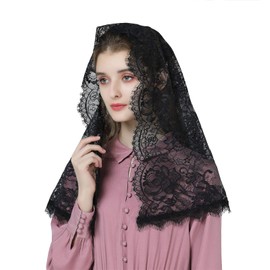 BEAUTELICATE Women's Mantilla Veil Lace Chapel Catholic Veil Scarf Stole Headwear Lace Black White for Catholic Church Latin Mass Church Wedding Bridal V114, black