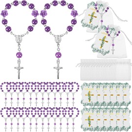 Jeyiour 96 Pcs Christian Catholic Favor Set Include 32 Finger Christian Rosaries Beads with Crucifix, 32 Organza Bags and 32 God Bless Tags Christening Wedding Party Favors(Purple)