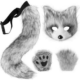Wolf Furry Costume Suit- Fox Mask,Furry Paws& Tail for Role-Play - Fun for Adults(Grey)