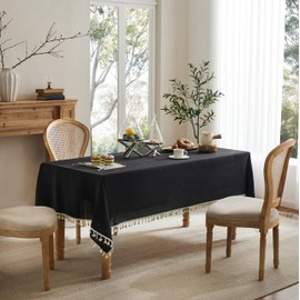 YZJZEDS Linen Tablecloth with Tassels, Farmhouse Style Black Tablecloth, Water Resistant Burlap Tablecloths for Rectangle Table, 52x70 Inch Black