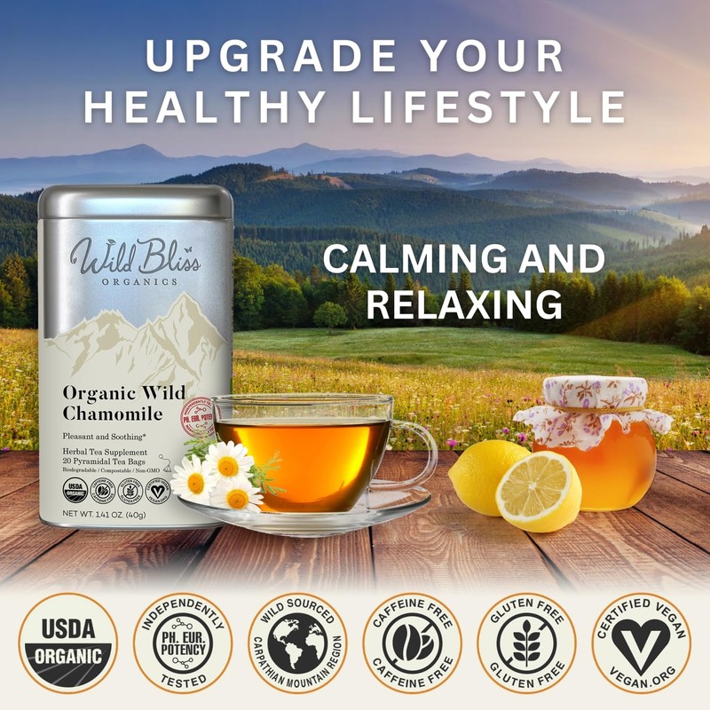 Wild Bliss Organic Chamomile Tea - Caffeine Free Calming Herbal