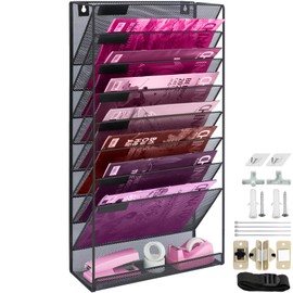 Organizador de archivos de pared de malla con 8 bolsillos con bandeja plana inferior, carpeta de archivos colgante de oficina, revistero, juego de gan