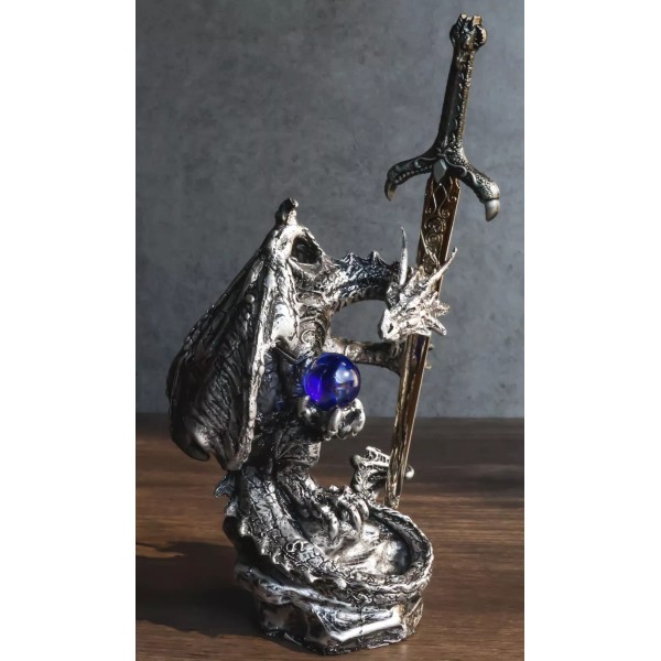 Legendary Silver Sorcerer Dragon Carrying Orb and Sword Letter Opener