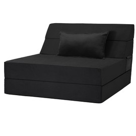 Youtanic 5 in 1 Folding Sofa Bed, Twin Size Convertible Sleeper Chair with Pillow, Memory Foam Futon Couch, Velvet Fabric Washable Mattress for Living Room, Dorm, Guest, Home Office, Apartment, Black