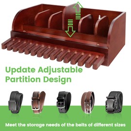 Bamboo Belt Organizer Box, Adjustable 6+14 Grids Belt Rack, Belt Organizer for Closet Shelf and Drawer, Tie and Belt Storage Organizer Wall Mount and Displayer for Men Women Father Day (Brown)