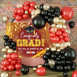 Congrats Grad Backdrop Red and Gold Graduation Backdrop Class of 2025 Graduation Party Decorations School Prom Party Banner Photo Studio Props (Red, 8x6FT)