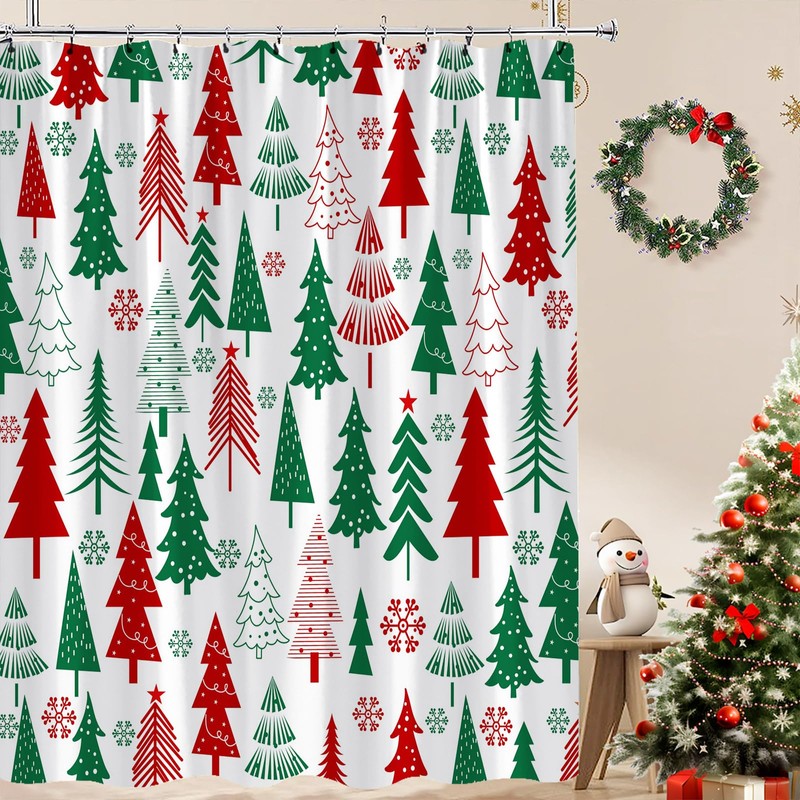 UPUMKSK Christmas Tree Shower Curtain Red Green Xmas Tree Snowflake