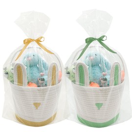 ZWHTB 2 Pack Large Woven Easter Baskets for Kids - Boy & Girl Options, Empty Basket with Gift Bags and Ribbons Cute Easter Decorations Bunny Ears Designs (Green+Yellow)