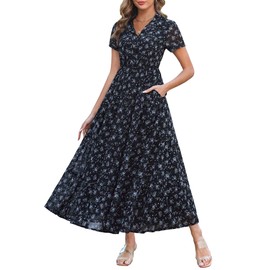 Kranda Summer Dresses for Women 2025 Spring Collared V-Neck Short Sleeve Button Down Casual Swing Flowy Long Beach Chiffon Boho Floral Maxi Dress with Pockets Black Blue,Small