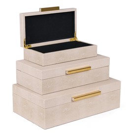Hanna Roberts Ivory Shagreen Box Leather set of 3 Large Modern Decorative Nesting Jewelry Boxes, Storage Boxes Jewelry Organizer With Lids For Home Decor Womens Mens Jewelry Organizer