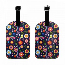 Zoczos Hippie Peace Symbol Leather Suitcase Tags Identifiers Heart Colorful Rainbow Floral Leaf Repeat Design Leather Luggage Bag Case Tags with Name ID Card for Travel Bags Schoolbag Lunchbox, 1 Pack