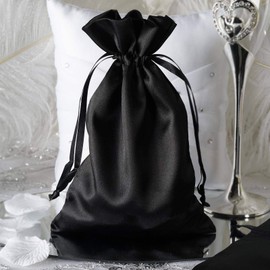 Tableclothsfactory 12PCS Black Satin Gift Bag Drawstring Pouch Wedding Favors Bridal Shower Jewelry Bags - 6"x 9"
