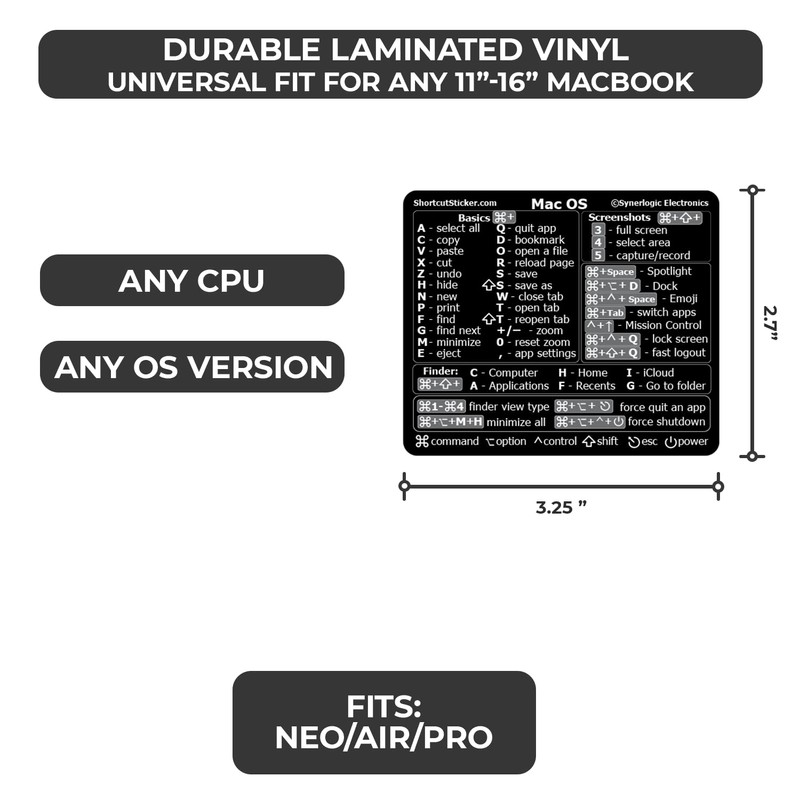 Synerlogic (Universal/Neo/Air/Pro) Mac OS Reference Keyboard Shortcut Sticker, Laminated Vinyl