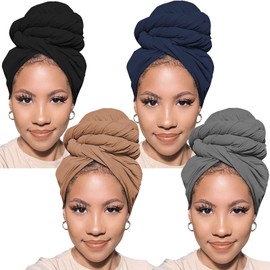 Xtrend 4 Pieces Stretchy Turban African Knit Headwraps Scarf Shawls Ultra Soft Extra Long Urban Long Head Band for Women(Black,Navy,Camel,Dark Grey)