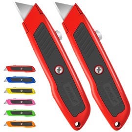 DIYSELF 2 Pack Box Cutter Retractable, Box Opener Tool Exacto Knife, Razor Knife Blade, Aluminum Alloy and Non-slip Rubber Handle, Heavy Duty Utility Knife for Carton, Cardboard and Box (Red)
