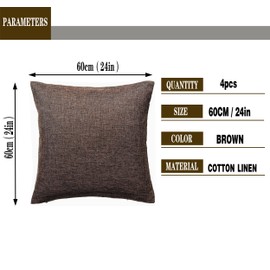 GONOVE Cushion Covers 60×60cm Solid Soft Cotton Linen Throw Pillow Cover Set of 4 Decorative Plain Pillowcase Square Cushion Cover for Home Sofa Bed Chair Décor, Brown